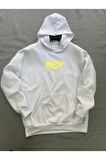Dark Baskılı Beyaz Erkek Kapüşonlu 3 iplik Şardonlu Ribanalı Sweatshirt Hoodie
