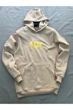 Dark Baskılı Bej Erkek Kapüşonlu 3 iplik Şardonlu Ribanalı Sweatshirt Hoodie