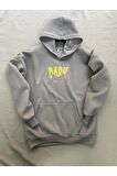 Dark Baskılı Gri Erkek Kapüşonlu 3 iplik Şardonlu Ribanalı Sweatshirt Hoodie