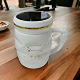 Dodes Ayna Kapaklı Panda Desenli Porselen Kupa Bardak Beyaz Kupa Bardak