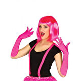 Dodes Fuşya Renk Saten Uzun Eldiven ve Küt Parti Peruğu