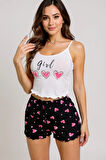 Kalp Desenli Askılı Şortlu Pijama Takımı