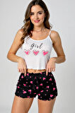 Kalp Desenli Askılı Şortlu Pijama Takımı