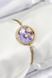 Dodes Dodes 316L Çelik Zincir Mor Mineli Sanatsal Portre İnci Detaylı Çiçek Model Gold Renk Kadın Bileklik TG27BB7228