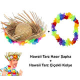 Dodes Hawaii Tarzı Tropikal Çiçekli Hasır Şapka ve Çiçekli Hawaii Kolye