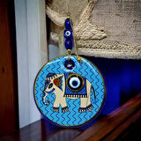 Dodes Yaldızlı Fil Modelli Nazar Boncuklu Duvar Süsü Mavi Camlı Duvar Dekoru