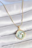 Dodes 316L Çelik Gold Renk Zincir Turkuaz Mineli İncili Çiçek İşlemeli Portre Model Kadın Kolye TG27BKO10157