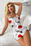 Dodes Love Desenli Beyaz Saten Gecelik