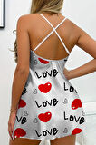 Love Desenli Beyaz Saten Gecelik