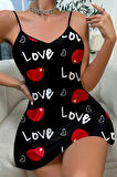 Dodes Love Desenli Siyah Saten Gecelik