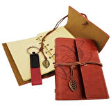 Dodes Dekoratif Ahşap Kutulu Kahverengi Deri Defter ve Anahtarlık Set