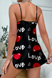 Dodes Love Desenli Siyah Saten Gecelik