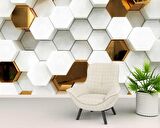 3 Boyutlu Gold Beyaz Altıgen Modern Duvar Kağıdı Baskı