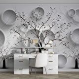 3 Boyutlu Ağaç ve Halka Desenli Beyaz Duvar Kağıdı