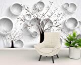 3 Boyutlu Ağaç ve Halka Desenli Beyaz Duvar Kağıdı
