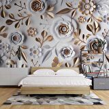 3 Boyutlu Gold-Beyaz Çiçek ve Yaprak Desenli Modern Duvar Kağıdı Baskı