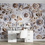 3 Boyutlu Gold-Beyaz Çiçek ve Yaprak Desenli Modern Duvar Kağıdı Baskı