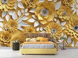 3 Boyutlu Sarı Çiçek Desenli Duvar Kağıdı Baskı