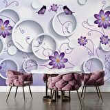 3 Boyutlu Daire, Mor Çiçek ve Kelebek Desenli Duvar Kağıdı Baskı