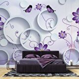 3 Boyutlu Daire, Mor Çiçek ve Kelebek Desenli Duvar Kağıdı Baskı