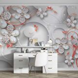 Yuvarlak Üstünde Çiçek Desenli Duvar Kağıdı Baskı