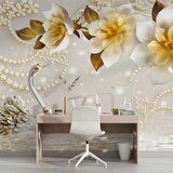 3 Boyutlu Çiçek ve Kuğu Desenli Duvar Kağıdı Baskı