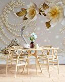 3 Boyutlu Çiçek ve Kuğu Desenli Duvar Kağıdı Baskı
