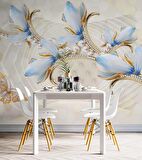 3 Boyutlu Mavi Çiçek Ve İnci Desenli Duvar Kağıdı