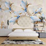 3 Boyutlu Mavi Çiçek Ve İnci Desenli Duvar Kağıdı