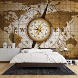 Dünya Haritası Zeminli Pusula Duvar Kağıdı Baskı