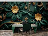 Gold-Zümrüt Yeşili Çiçek Temalı Duvar Kağıdı Baskı