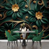 Gold-Zümrüt Yeşili Çiçek Temalı Duvar Kağıdı Baskı