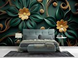 Gold-Zümrüt Yeşili Çiçek Temalı Duvar Kağıdı Baskı
