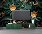 Gold-Zümrüt Yeşili Çiçek Temalı Duvar Kağıdı Baskı