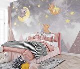 Ayıcı ve Ay Desenli Çocuk Odası Duvar Kağıdı Baskı