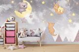 Ayıcı ve Ay Desenli Çocuk Odası Duvar Kağıdı Baskı