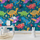 Renkli Dinozor Desenli Çocuk Oyun Odası Duvar Kağıdı Baskı