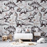 Kahverengi -Beyaz Dinozor Desenli Duvar Kağıdı Baskı