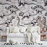 Kahverengi -Beyaz Dinozor Desenli Duvar Kağıdı Baskı