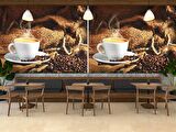 Fincan ve Kahve Çekirdeği Temalı Cafe Duvar Kağıdı Baskı