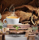 Fincan ve Kahve Çekirdeği Temalı Cafe Duvar Kağıdı Baskı