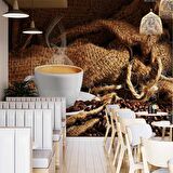 Fincan ve Kahve Çekirdeği Temalı Cafe Duvar Kağıdı Baskı