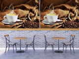 Fincan ve Kahve Çekirdeği Temalı Cafe Duvar Kağıdı Baskı