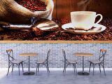 Fincan ve Kahve Çekirdeği Temalı Cafe Duvar Kağıdı Baskı