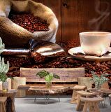 Fincan ve Kahve Çekirdeği Temalı Cafe Duvar Kağıdı Baskı