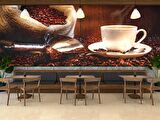 Fincan ve Kahve Çekirdeği Temalı Cafe Duvar Kağıdı Baskı