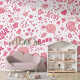 Pembe Kalp Desenli Duvar Kağıdı Baskı