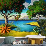 Meyve Ağacı ve Göl Manzaralı Çocuk Çocuk Odası Duvar Kağıdı Baskı