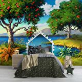 Meyve Ağacı ve Göl Manzaralı Çocuk Çocuk Odası Duvar Kağıdı Baskı