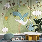 Bebek Getiren Sevimli Leylek Çocuk Odası Duvar Kağıdı Baskı